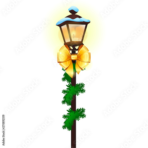 Vintage street lamp decorated with golden ribbon bow isolated on white background. Sample of poster, party holiday invitation, festive card. Vector cartoon close-up illustration.