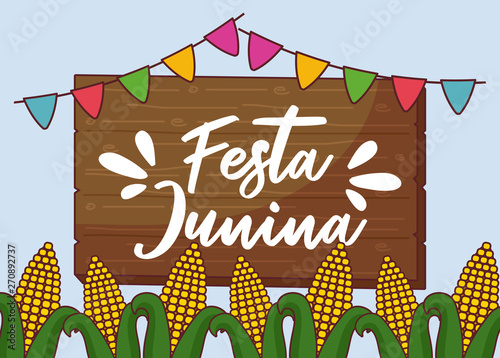 festa junina card with cobs and wooden label