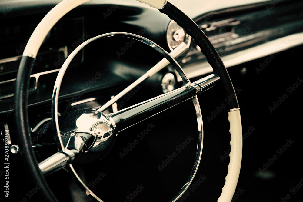 Classic car dashboard, old vintage vehicle