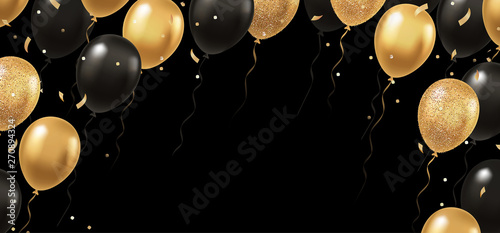 Celebration, festival background with helium balloons. Greeting banner or poster with gold and black realistic 3d vector flying balloons. Celebrate a birthday poster. Happy anniversary card. 