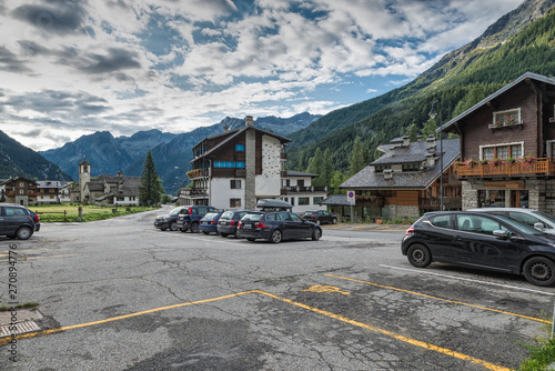 Important summer and winter tourist village in the Italian Alps. Macugnaga with the hamlet of Pecetto at the end of the road, at the foot of Monte Rosa