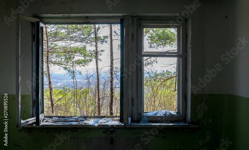 View from the window of the destroyed abandoned building on the street with trees