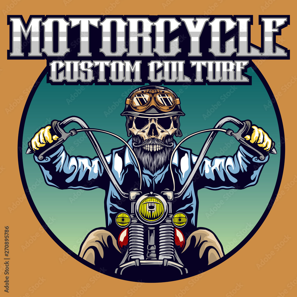 Skull Riding Motorcycle Emblem Vector Illustration