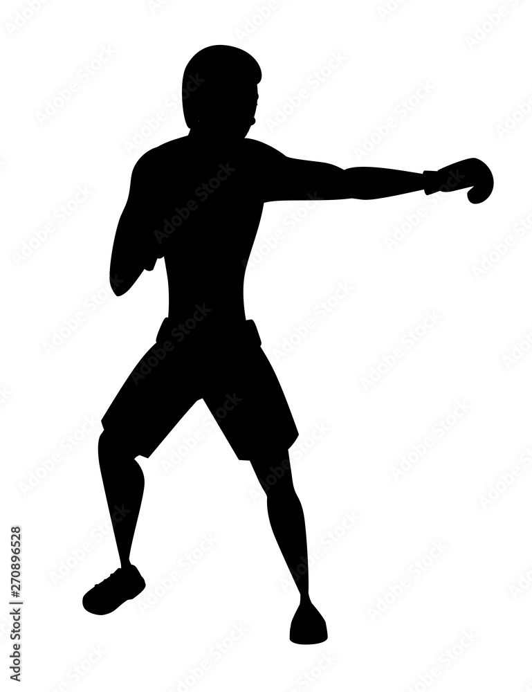 Black silhouette Boxer in sports pants with boxing gloves punching training cartoon character design flat vector illustration isolated on white background Black silhouette Boxer in sports pants with boxing gloves punching training cartoon character design flat vector illustration isolated on white background