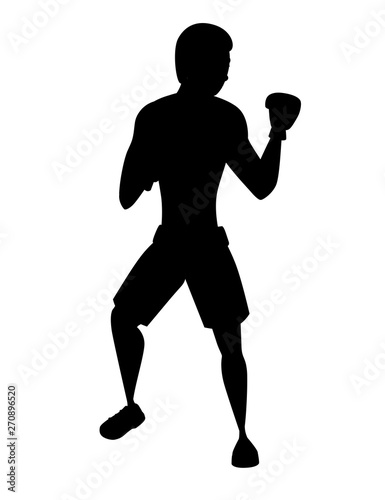 Black silhouette Boxer in sports pants with boxing gloves stand in defensive stance on training cartoon character design flat vector illustration isolated on white background