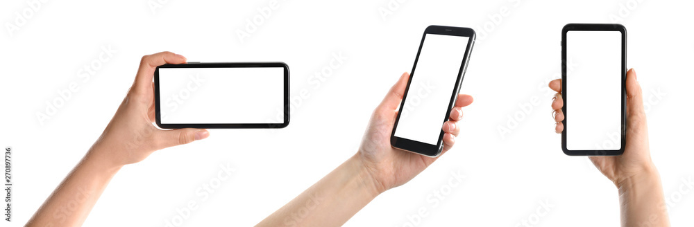 Set with women holding smartphones on white background, closeup of hands. Space for text Set with women holding smartphones on white background, closeup of hands. Space for text