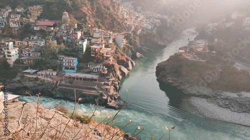 Confluence of river Alaknanda and Bhagirathi at Devprayag, Uttarakhand which forms the holy river Ganga. photo