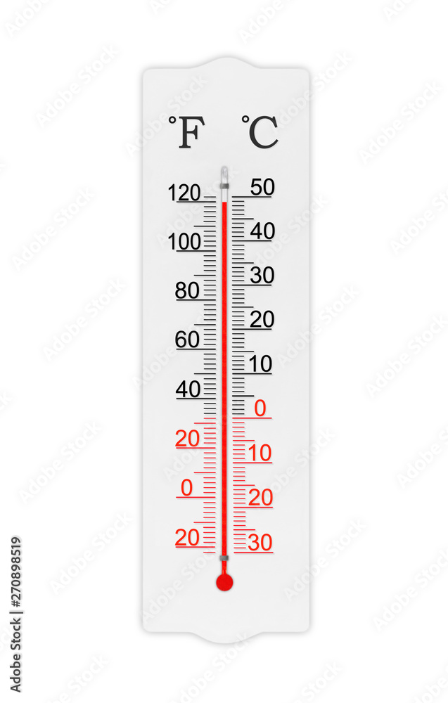 Fahrenheit and celsius scale meteorology thermometer for measuring air  temperature. Thermometer isolated on white background. Ambient temperature  plus 120 degrees fahrenheit Stock Photo | Adobe Stock