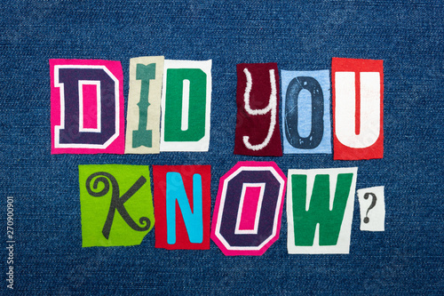 DID YOU KNOW word text collage in colorful fabric on blue denim, questions and answers, horizontal aspect