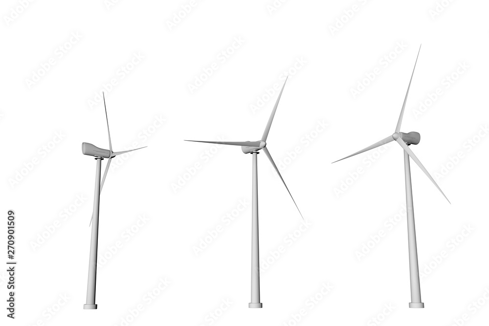 Three windmills with different rotation angles bottom view isolated on white background - wind power industrial illustration, 3D illustration Three windmills with different rotation angles bottom view isolated on white background - wind power industrial illustration, 3D illustration
