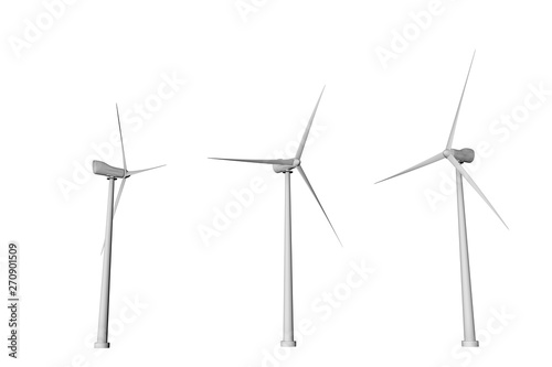Three windmills with different rotation angles bottom view isolated on white background - wind power industrial illustration, 3D illustration