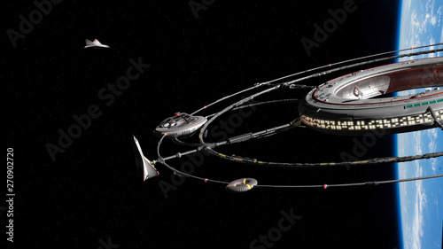Fototapeta Naklejka Na Ścianę i Meble -  space station and multiple spaceships in orbit of planet Earth (3d science background rendering, elements of this image are furnished by NASA)