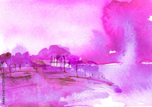 Watercolor bush, a tree. pink, purple silhouette of trees against the background of sunset, sunrise.Watercolor landscape, forest.Suburban landscape at sunset. Bank of the river, reflected in the water