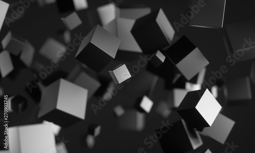 Abstract 3d rendering of chaotic particles. Scifi cubes in empty space. Futuristic background. 3D rendering - Illustration