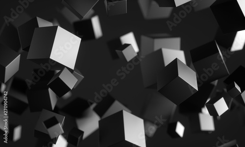 Abstract 3d rendering of chaotic particles. Scifi cubes in empty space. Futuristic background. 3D rendering - Illustration