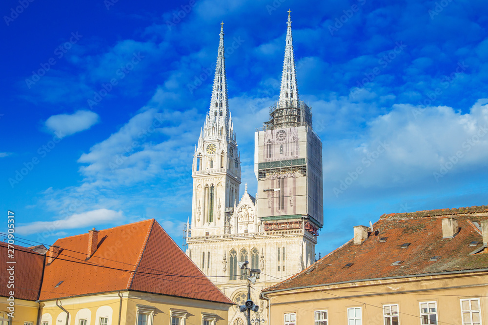 Catholic neo gothic Cathedral in city center of Zagreb, Croatia, Kaptol district towers and old defensive walls