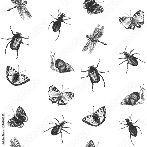 Bright seamless summer pattern with butterflies, beetles, snails and dragonflies. Hand drawn insects. Graphic background for textile, packaging and design. © Mariia