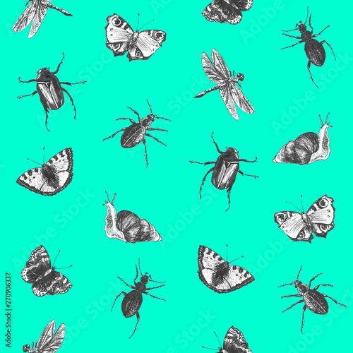 Bright seamless summer pattern with butterflies, beetles and dragonflies. Hand drawn insects. Graphic background for textile, packaging and design.