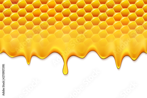 Honey splash dripping from bee honeycomb. Natural fresh eco product.