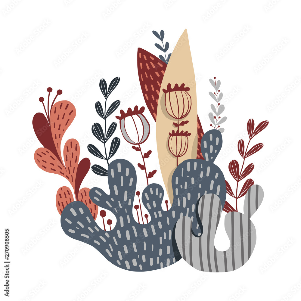 Fototapeta beautiful composition of plants, leaves and flowers, cactus and grass. hand drawn vector