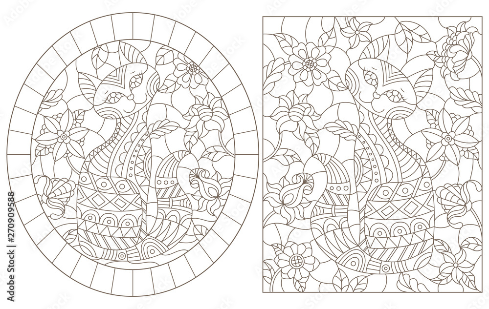 A set of contour illustrations of stained glass Windows with cats on a background of colors, dark contours on a white background A set of contour illustrations of stained glass Windows with cats on a background of colors, dark contours on a white background