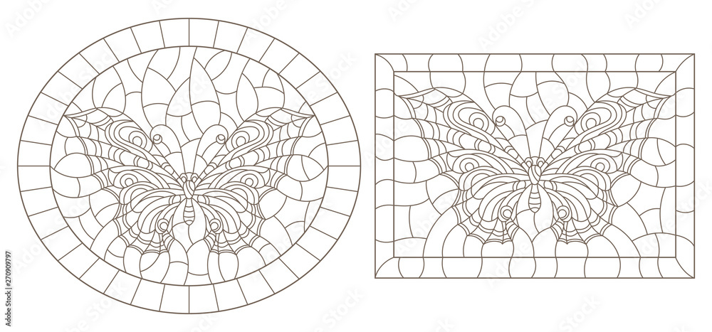 Contour set of illustrations of stained glass with butterflies , dark outline on a white background Contour set of illustrations of stained glass with butterflies , dark outline on a white background