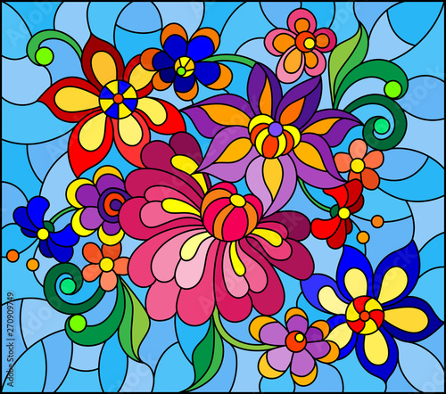 Illustration in stained glass style with bright abstract flowers and leaves on blue background
