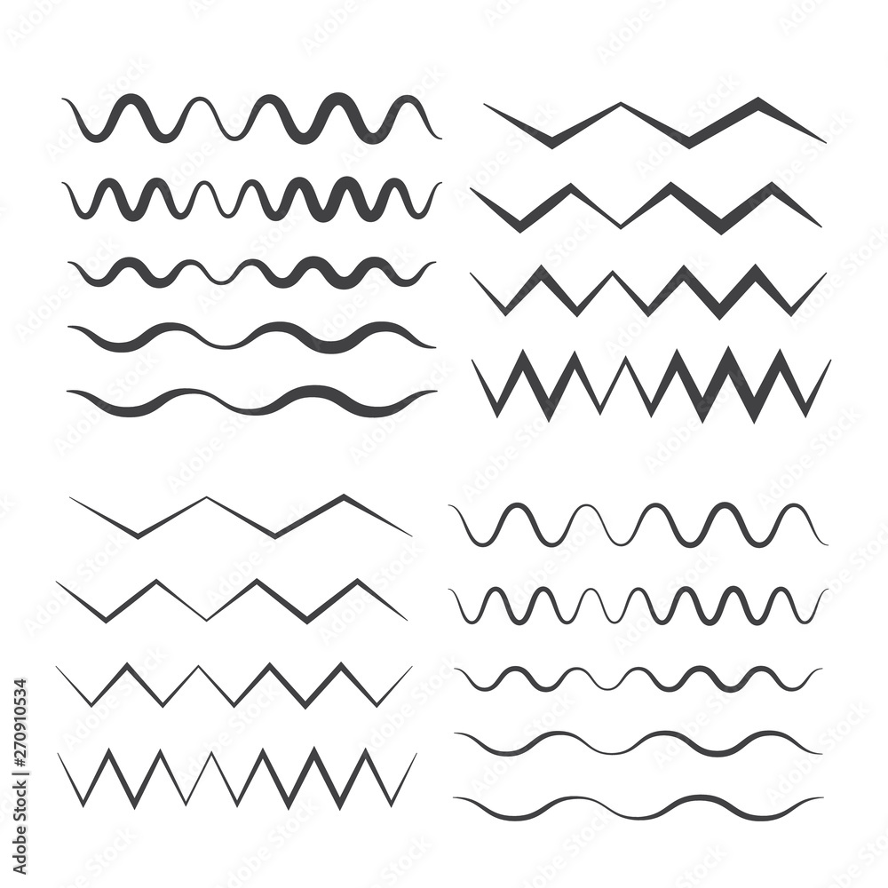 Set of wavy. Curvy and zigzag cross horizontal lines