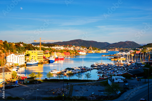 Aerial view of the city center of Kristiansund, Norway during the sunny day