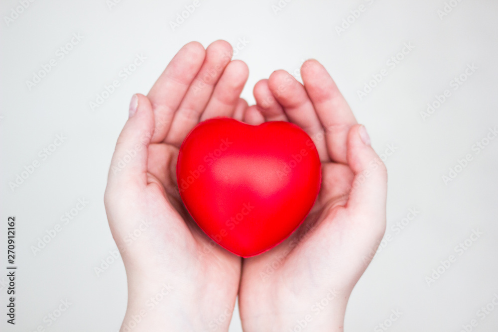 Heart in the hands of a man close up. Close up on female hands giving a red heart as a heart donor. Sign of compassion and health.