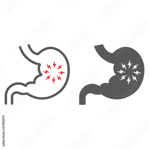Stomach pain line and glyph icon, body and sick, abdominal ache sign, vector graphics, a linear pattern on a white background.