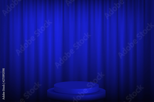 Blue round podium with steps in front of the curtains. Vector illustration.