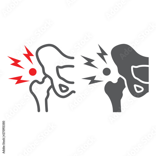 Hip pain line and glyph icon, body and injure, hip dysplasia sign, vector graphics, a linear pattern on a white background.
