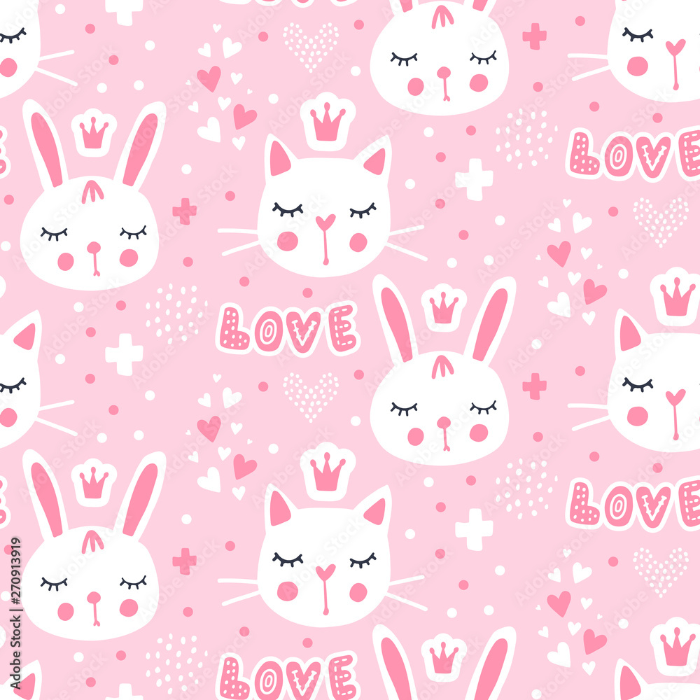 Vector seamless pattern with cute princess bunny. Pink background. Adorable animals.
