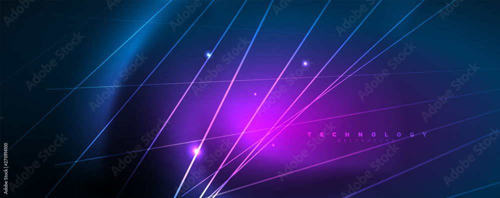 Obraz premium Neon blue glowing lines, magic energy space light concept, abstract background wallpaper design