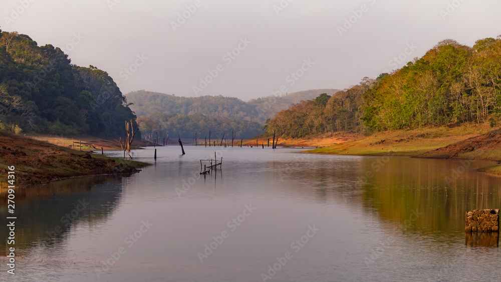 beautifull lake view with autumn colors  in a national park in the south of india