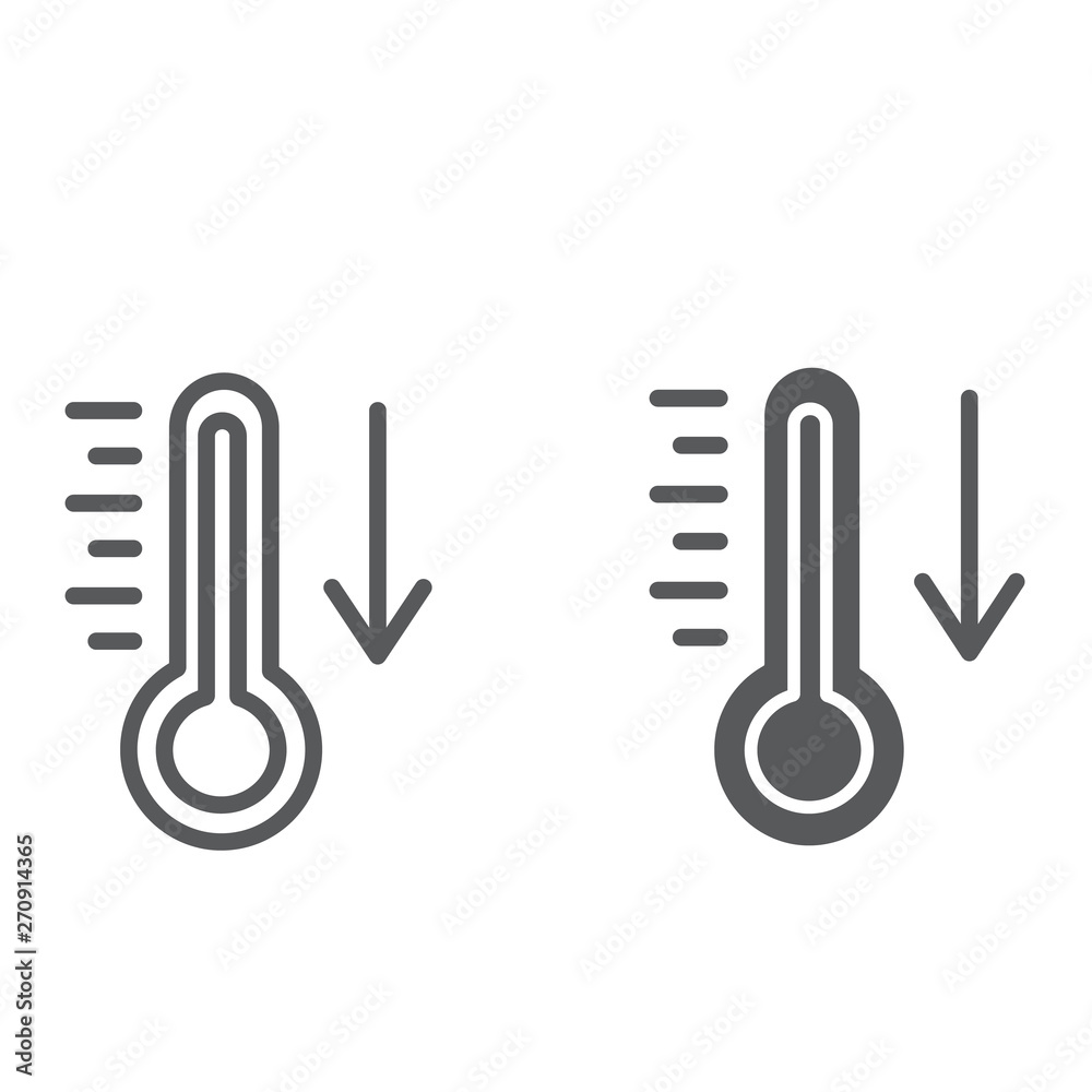 Temperature falling line and glyph icon, thermometer and forecast, cold temperature sign, vector graphics, a linear pattern on a white background. Temperature falling line and glyph icon, thermometer and forecast, cold temperature sign, vector graphics, a linear pattern on a white background.