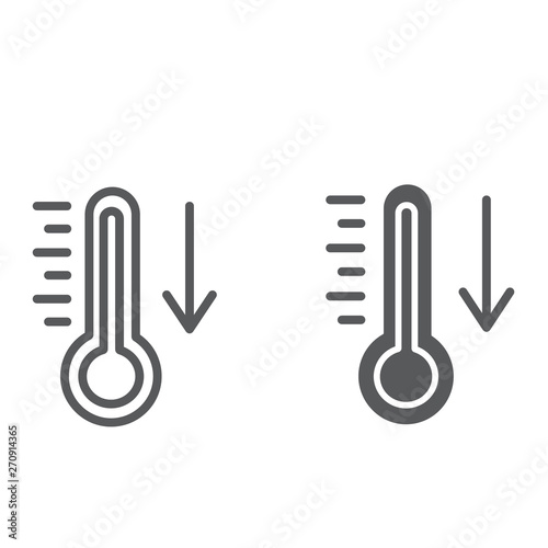 Temperature falling line and glyph icon, thermometer and forecast, cold temperature sign, vector graphics, a linear pattern on a white background.