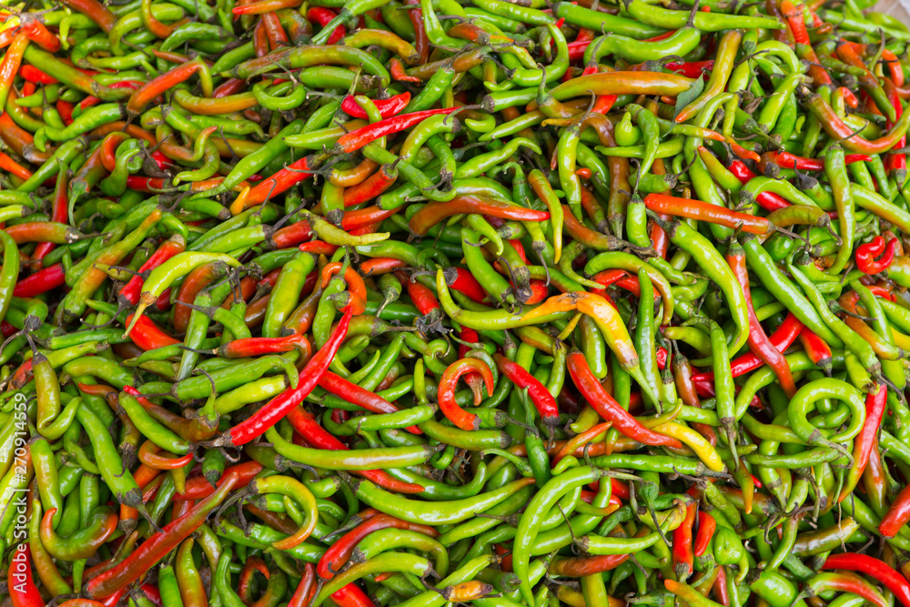 red and green hot chili peppers at a food market in the south of india red and green hot chili peppers at a food market in the south of india