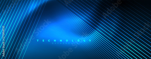 Neon blue glowing lines, magic energy space light concept, abstract background wallpaper design