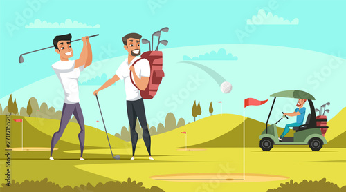 Young sporty men playing golf flat illustration