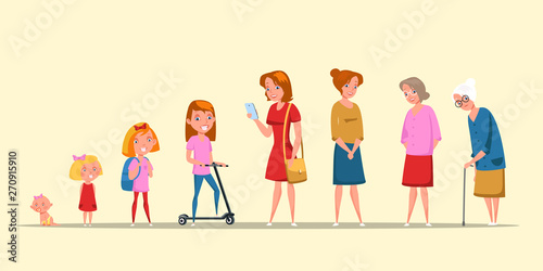 Woman life cycle, stages flat vector illustration