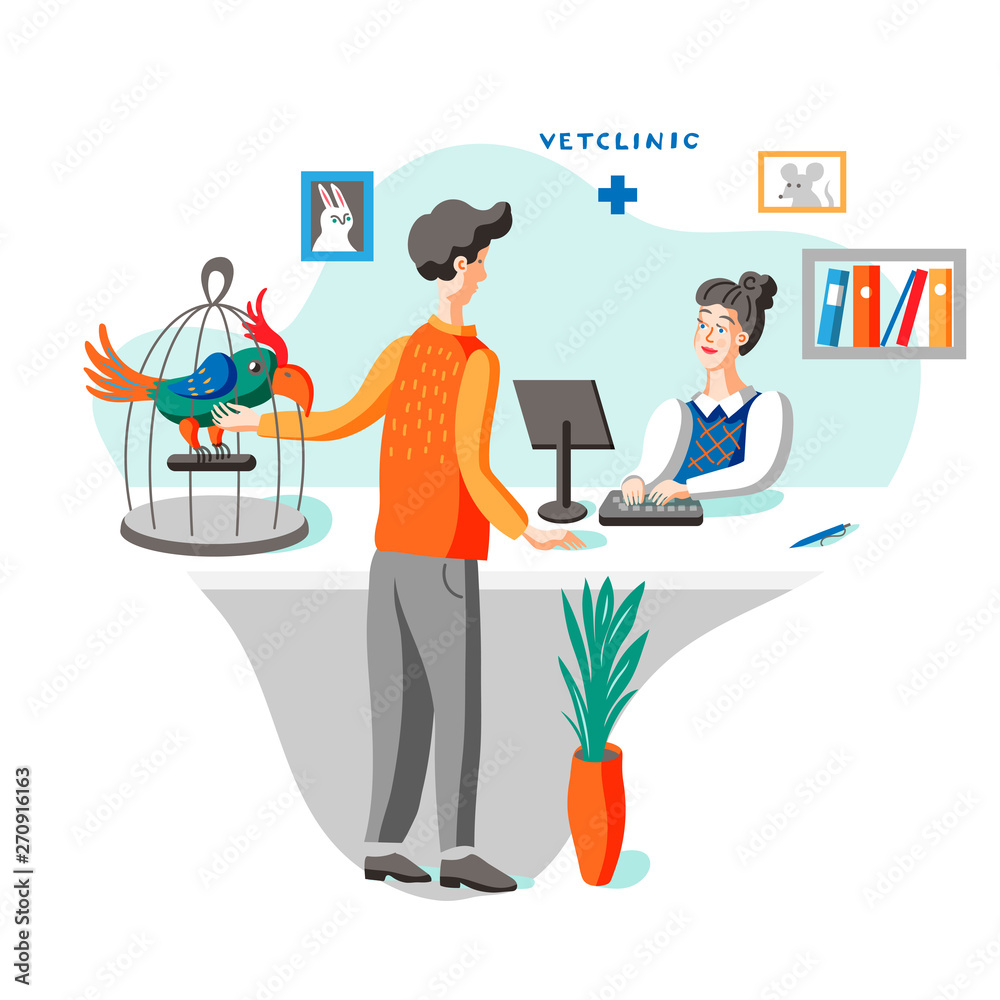 Man with parrot at vet clinic flat illustration