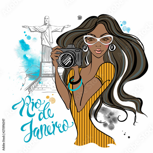 Girl photographer in Rio de Janeiro. Travelling to Brazil. Travel. Watercolor stains. Vector.