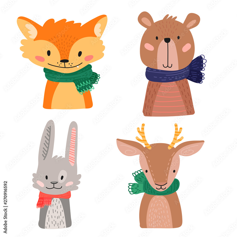 Happy animal faces set. Fox, rabbit, bear, deer. Hand drawn graphic for typography poster, card, label, flyer, page, banner, baby wear, nursery. Scandinavian style. Cartoon Vector Illustration Happy animal faces set. Fox, rabbit, bear, deer. Hand drawn graphic for typography poster, card, label, flyer, page, banner, baby wear, nursery. Scandinavian style. Cartoon Vector Illustration