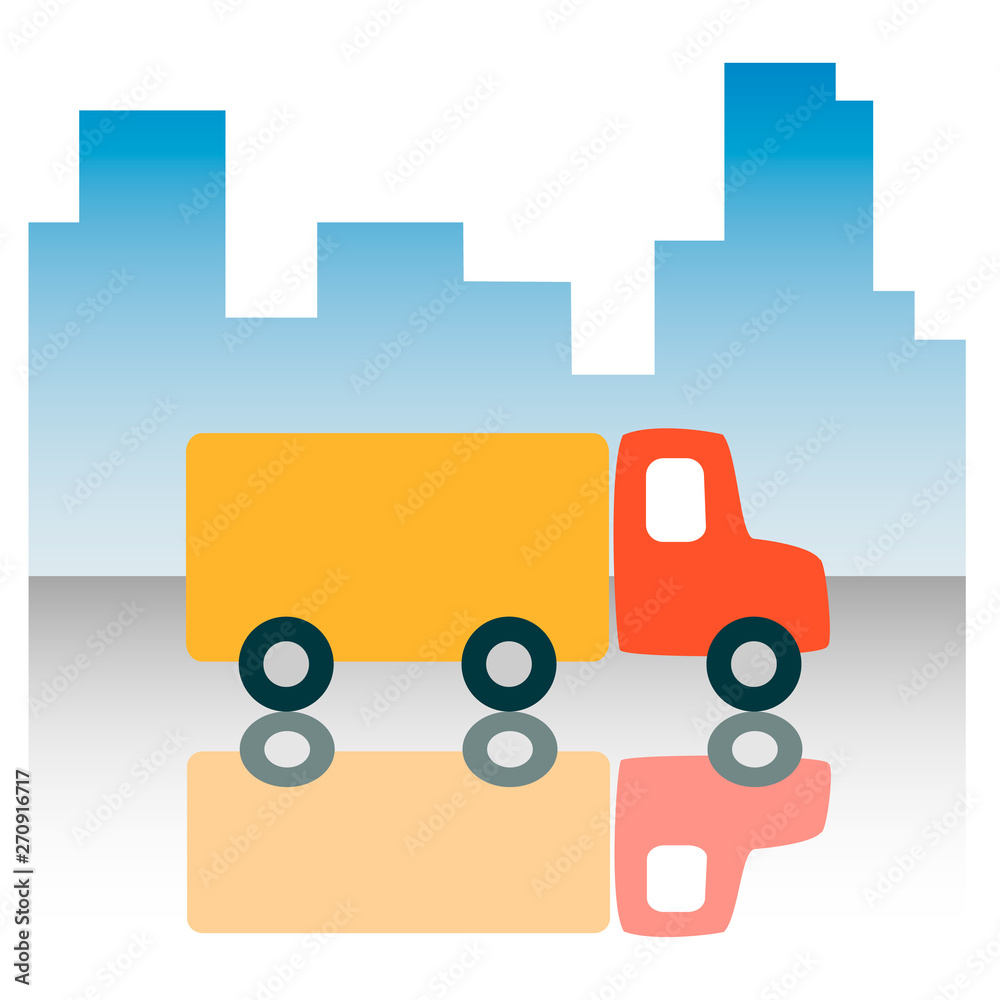 Truck lorry on the background of urban skyscrapers rides on a wet road and is reflected. silhouette icon flat simple style. Truck lorry on the background of urban skyscrapers rides on a wet road and is reflected. silhouette icon flat simple style.