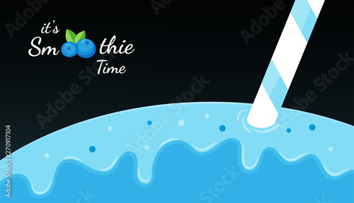 Blueberry smoothie fruit cocktail flat vector illustration. Tasty natural fruit, straw and blue layers of smoothies cocktail or tasty ice cream. Smoothie logo for summer fast food season menu.