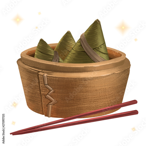 Rice dumpling in a bamboo steamer basket.
