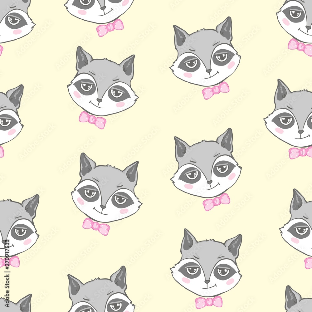 raccoon cute seamless pattern, cartoon background, vector illustration