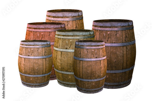 group of oak barrels brown with metal rings traditional way of holding wine whiskey on white background